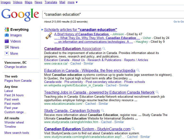 Canadian search results