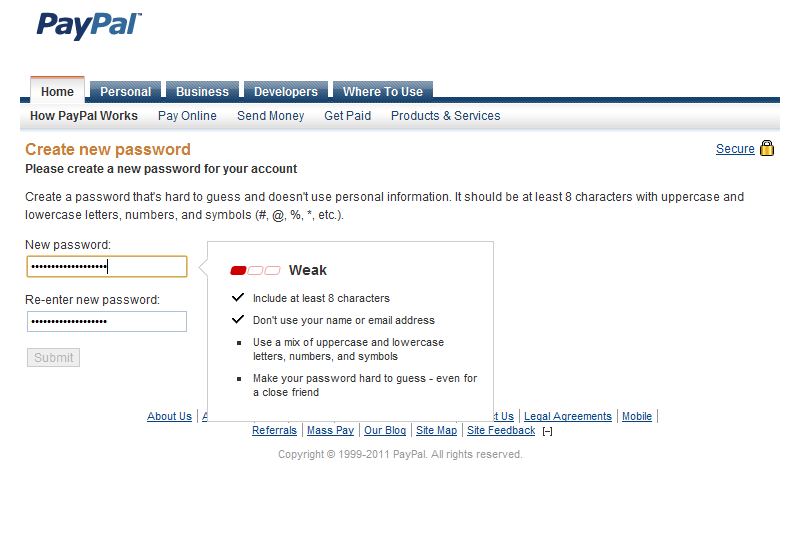 Paypal and password security screenshot