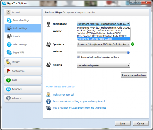 Pocket Audio settings in Skype