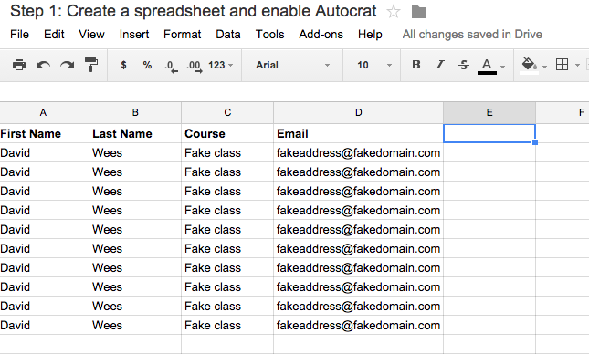 Example of initial data entered into the spreadsheet