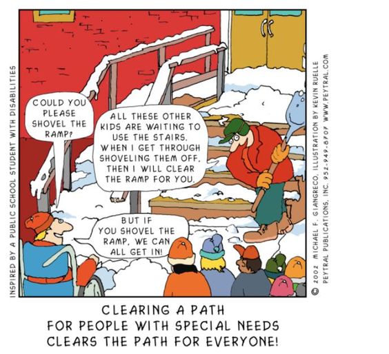 There is a man shovelling the stairs of a school. A child asks him to shovel the ramp, noting that if he does so, everyone can enter the school.