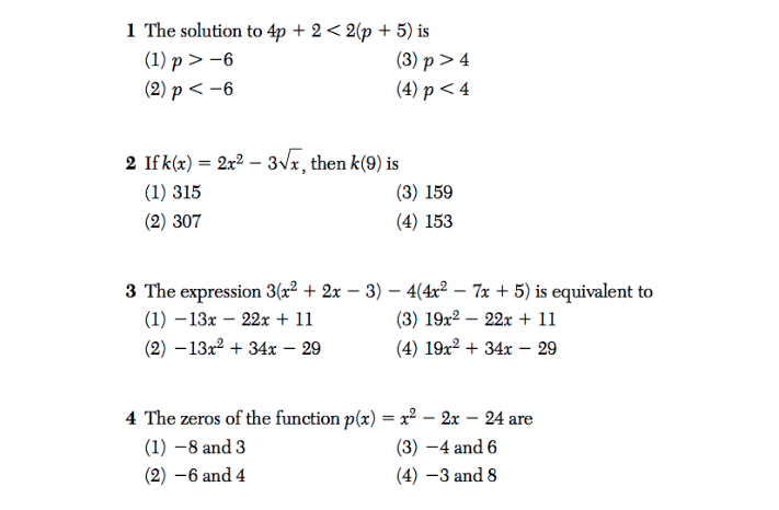 The first 4 problems from the June 2018 Algebra I Regents Exam