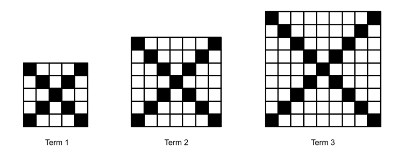 3 squares built from smaller squares, with the diagonals painted black