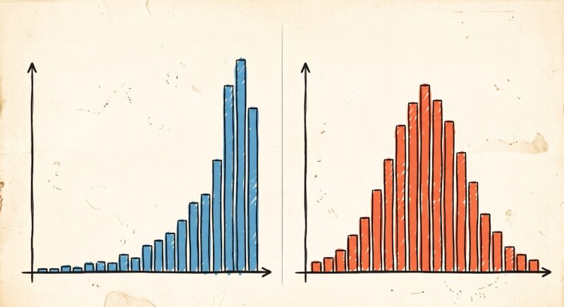 This image shows two histograms. One is heavily skewed to the left, with almost all the data at the top-end of the scale. The other is a normal distribution with the mean roughly in the middle and all the data visible.
