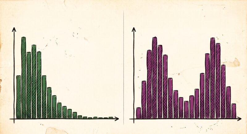 This image shows two histograms. One is heavily skewed to the right, with almost all the data at the bottom-end of the scale. The other is a bi-modal distribution with the mean roughly in the middle and all the data visible. The two modes of the data are split, with one on the lower end and one on the upper end.