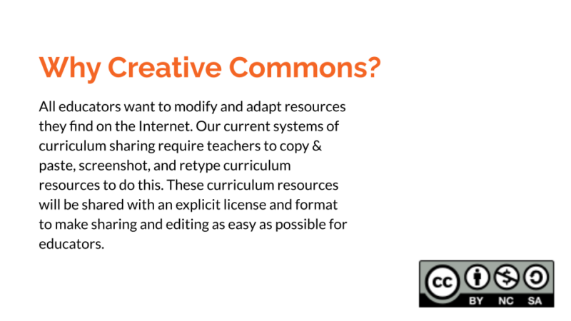 This image says, “Why Creative Commons” and then has this text, "All educators want to modify and adapt resources they find on the Internet. Our current systems of curriculum sharing require teachers to copy & paste, screenshot, and retype curriculum resources to do this. These curriculum resources will be shared with an explicit license and format to make sharing and editing as easy as possible for educators."